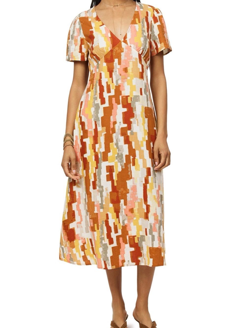 Scotch & Soda V-Neck Midi Dress in Rust, Pink and Cream Abstract Print